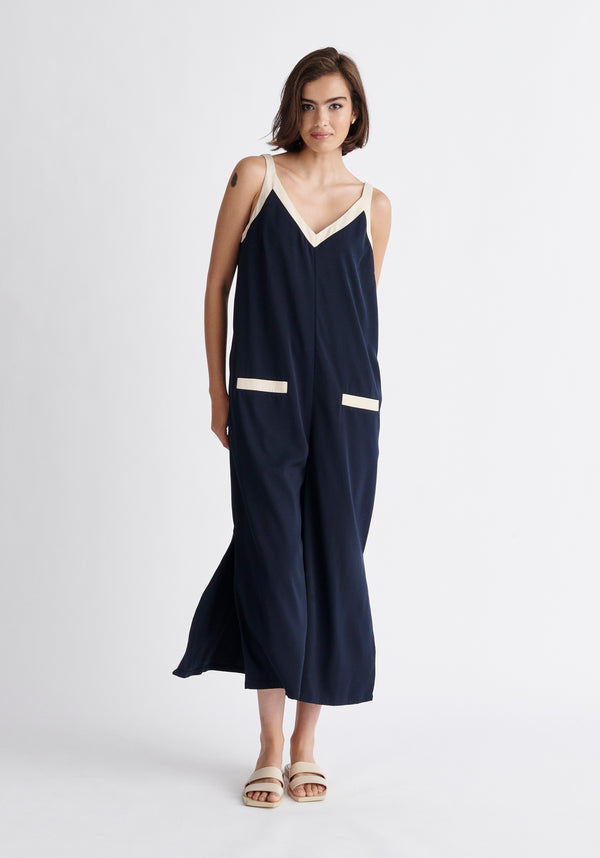 Paisie Contrast Colour Jumpsuit in Navy and Cream